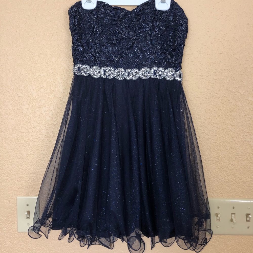Short navy blue, strapless homecoming/formal dress